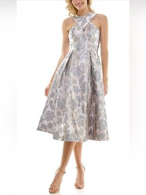 NWOT Maison Tara Champagne-Grey Floral Brocade Cross-Neck Midi Dress, 12